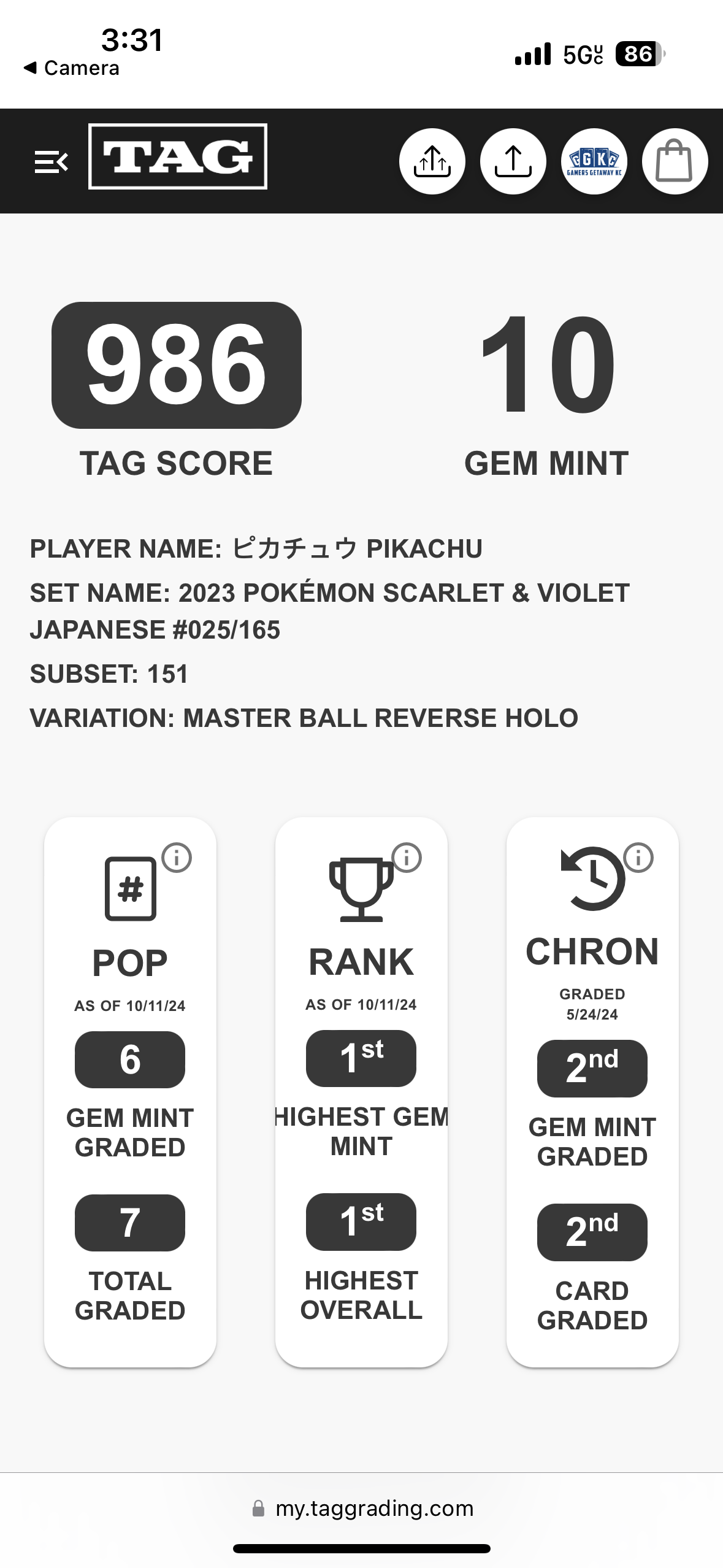 Pikachu Master Ball TAG Gem Mint 10 (986)